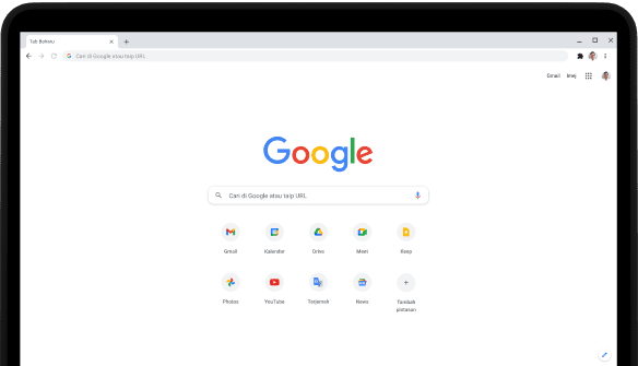 Penjuru atas sebelah kiri komputer riba Pixelbook Go dengan skrin yang memaparkan bar carian Google.com dan apl kegemaran.
