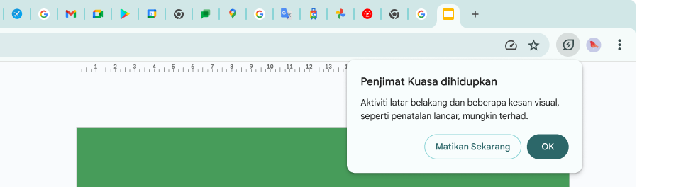 Kursor telah mengklik ikon Penjimat Tenaga, yang menjelaskan bahawa aktiviti latar dan sesetengah kesan visual telah dihadkan untuk menjimatkan memori.