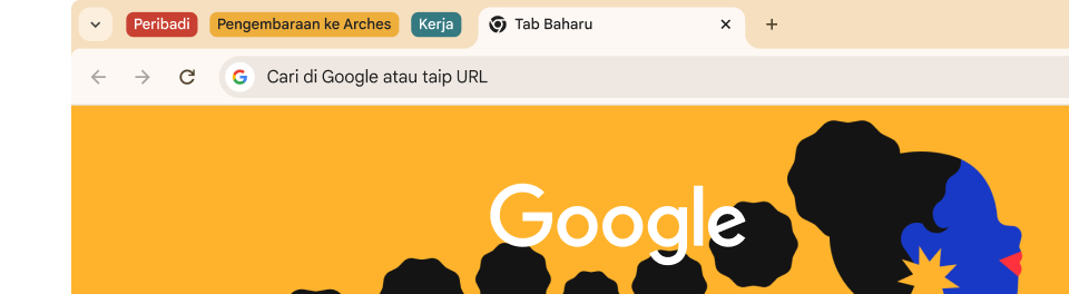 UI penyemak imbas menampilkan tiga kumpulan tab: Peribadi, Pengembaraan ke Arches dan Kerja.