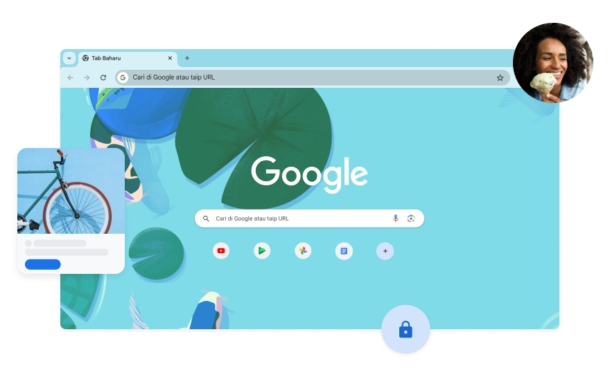 Latar halaman Google Search mengandungi ilustrasi ikan berwarna biru di dalam kolam koi. Foto seorang wanita pada satu sudut.