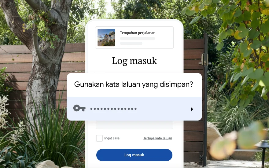 Halaman log masuk untuk tempahan perjalanan memerlukan kata laluan yang disimpan. Berlatarkan alam semula jadi.