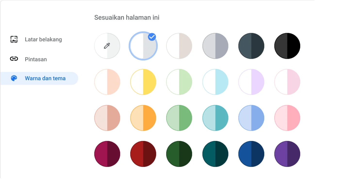 Tetingkap tetapan penyemak imbas Chrome memaparkan dialog Warna dan tema.