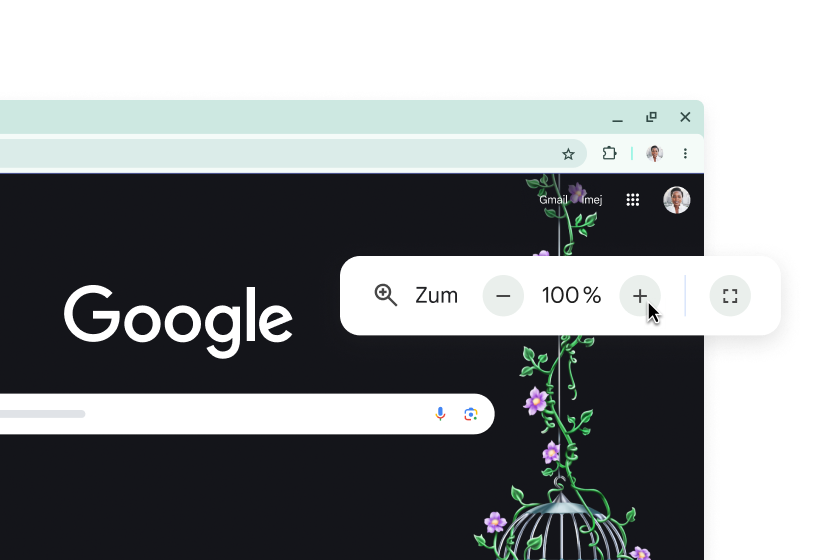 Halaman utama Google dan tetingkap timbul dengan zum yang ditetapkan kepada 100%