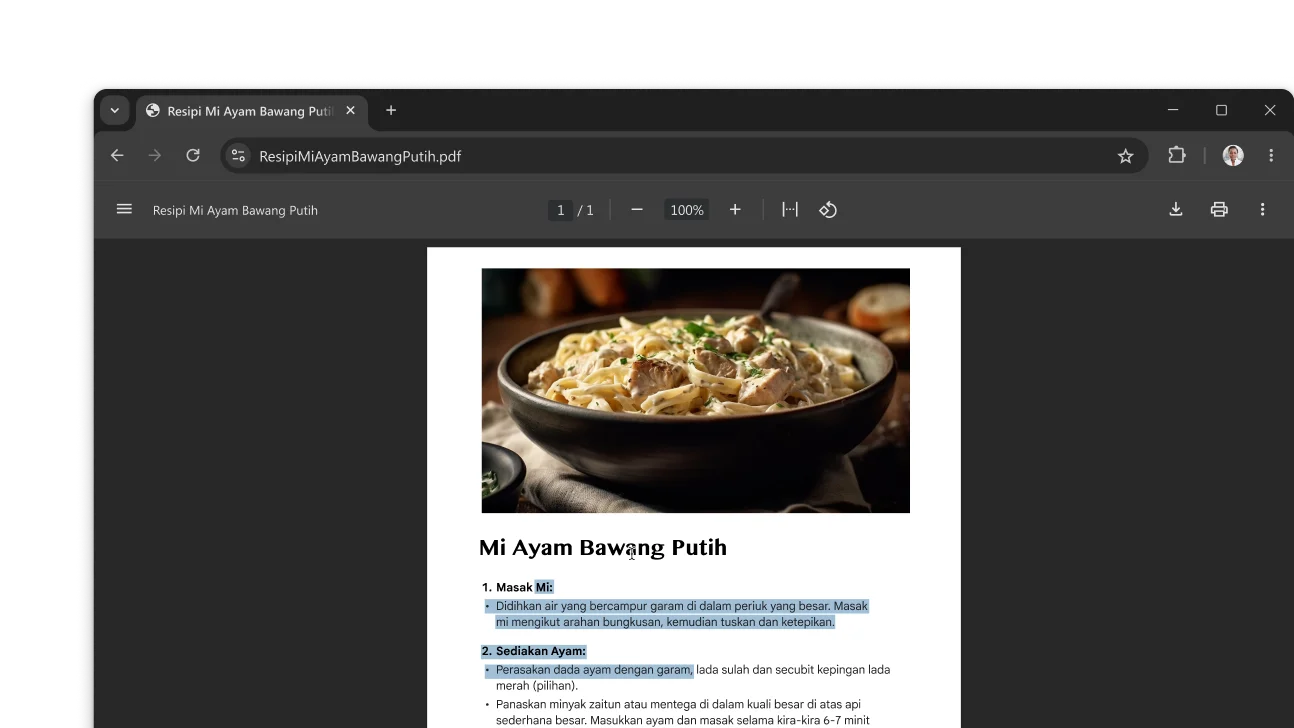 PDF yang menampilkan resipi dibuka dalam tetingkap penyemak imbas Chrome. Pengguna telah memilih teks dalam PDF.